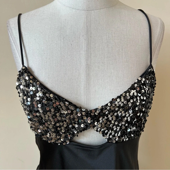 New! Zara Black Satin Contrast Sequin Maxi Slip Dress nwt 26138 - Picture 5 of 15